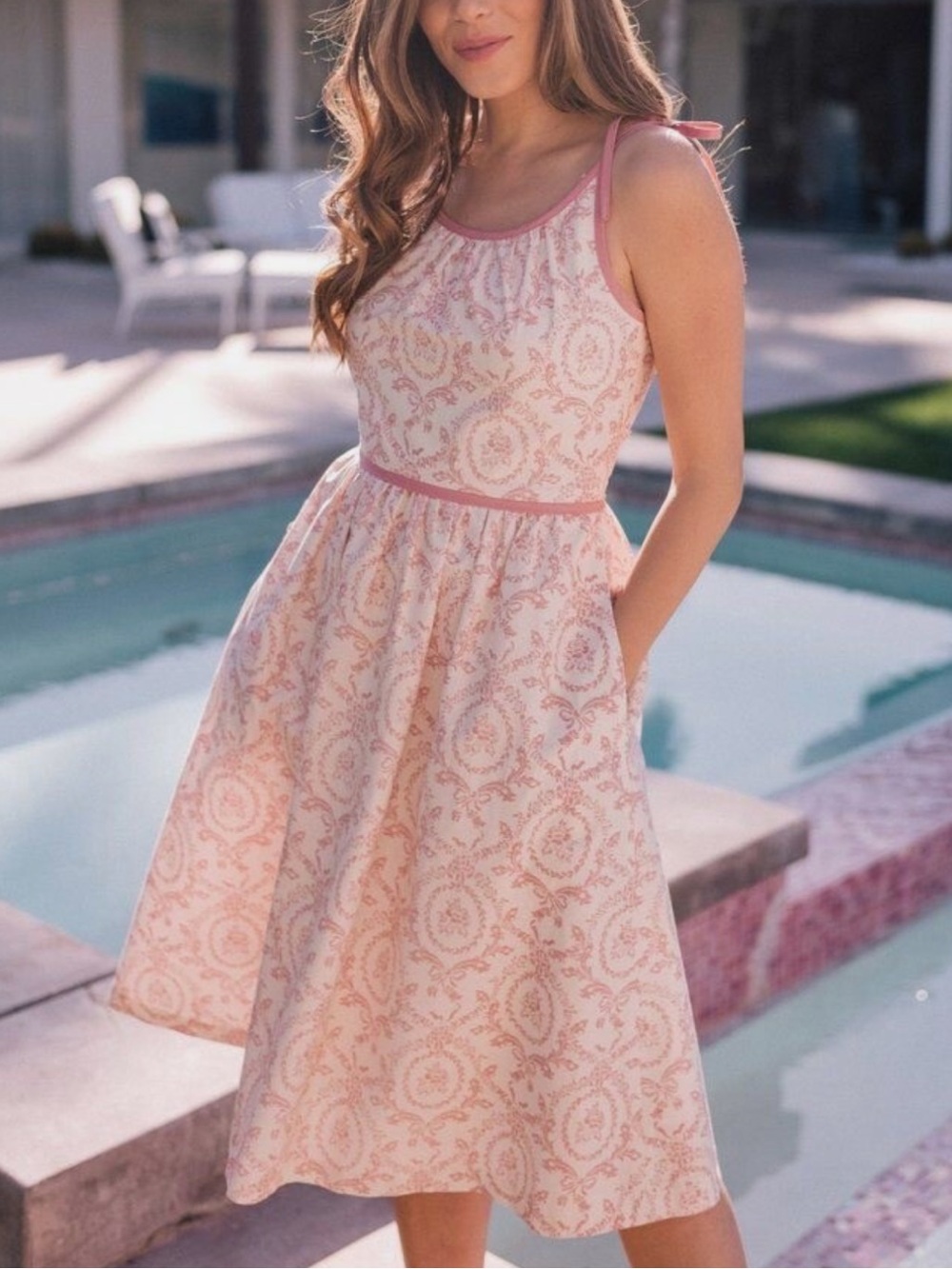 Gal Meets Glam Pink Toile Dress With Bow Tie Straps Size 8